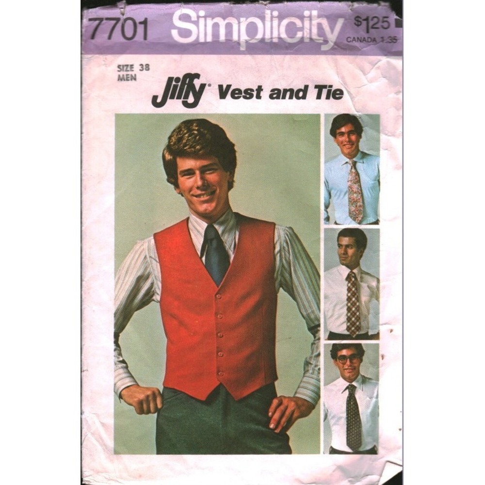 Vintage 1976 Simplicity 7701 Mens Jiffy Vest and Tie Sewing Pattern 38 Retro